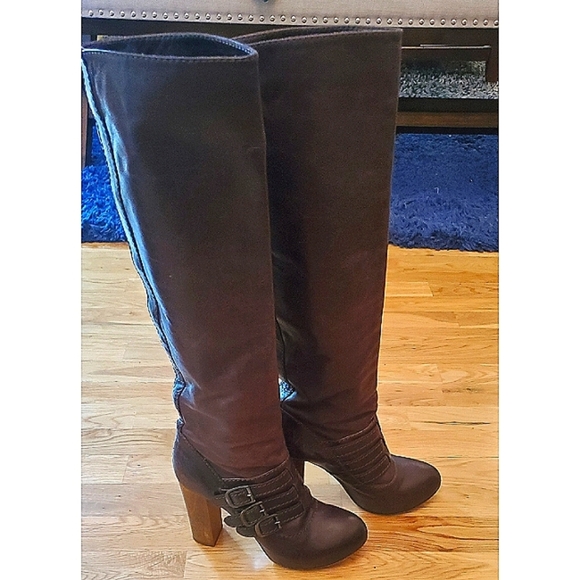 Chloe Three Buckle Wooden Heel Knee-high Leather Boot Size US 7 Brown - Picture 7 of 15